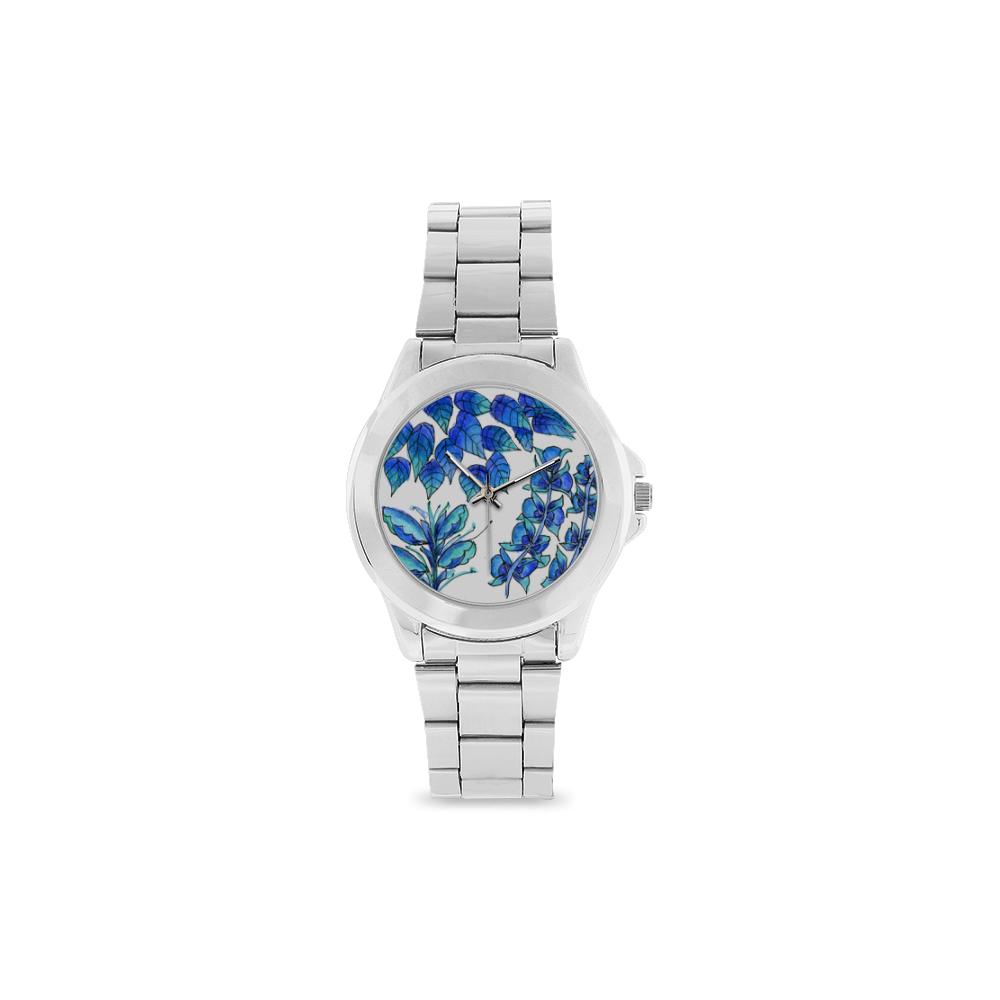 Pretty Blue Flowers, Aqua Garden Zendoodle Unisex Stainless Steel Watch(Model 103)