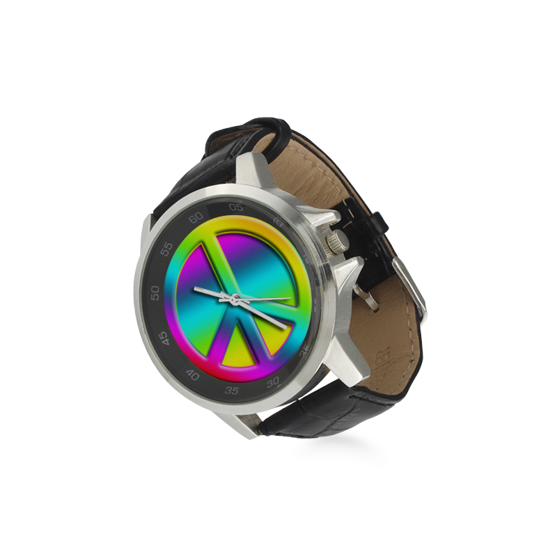Colorful Peace Pattern Unisex Stainless Steel Leather Strap Watch(Model 202)