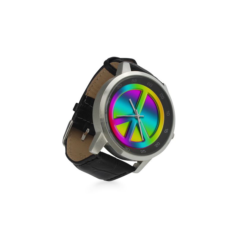 Colorful Peace Pattern Unisex Stainless Steel Leather Strap Watch(Model 202)