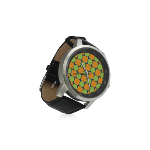 Green and Orange Geometric Pattern Unisex Stainless Steel Leather Strap Watch(Model 202)