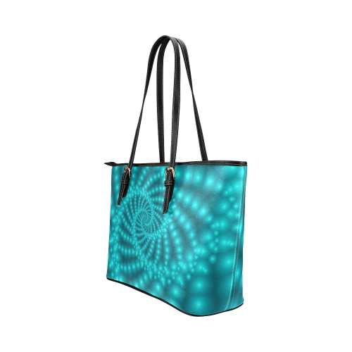 Glossy Turquoise  Beads Spiral Fractal Leather Tote Bag/Large (Model 1651)