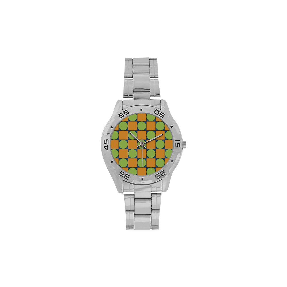 Green and Orange Geometric Pattern Men's Stainless Steel Analog Watch(Model 108)