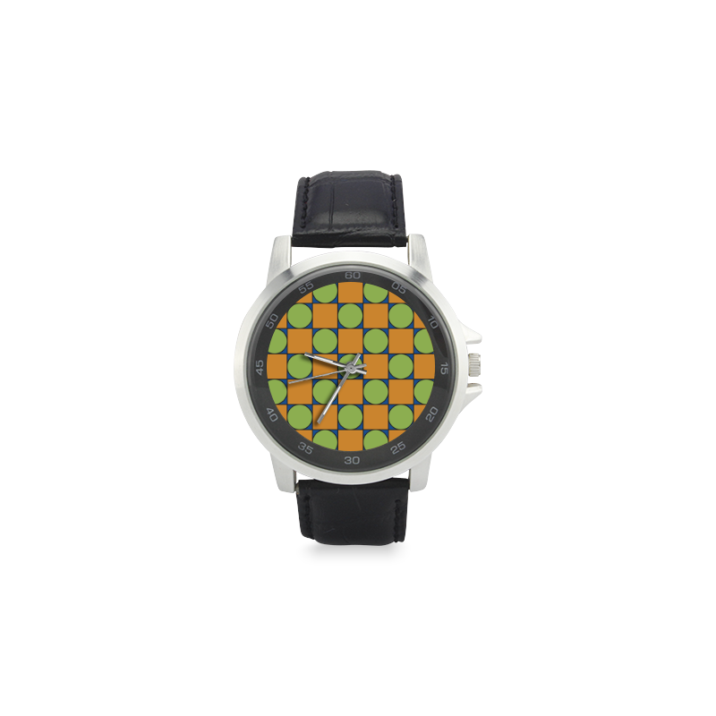 Green and Orange Geometric Pattern Unisex Stainless Steel Leather Strap Watch(Model 202)