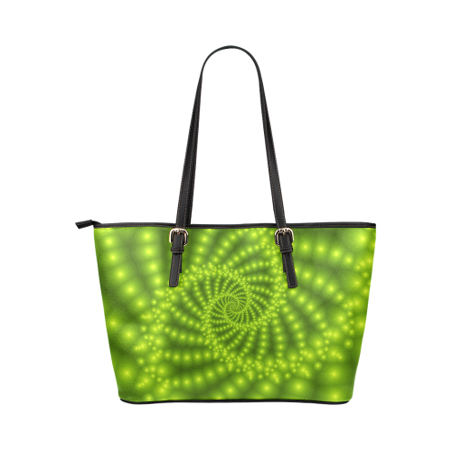 Glossy Lime Green  Beads Spiral Fractal Leather Tote Bag/Large (Model 1651)