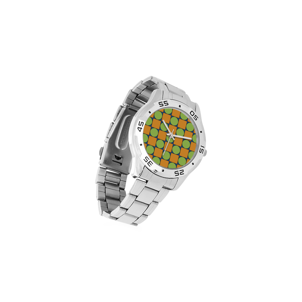 Green and Orange Geometric Pattern Men's Stainless Steel Analog Watch(Model 108)