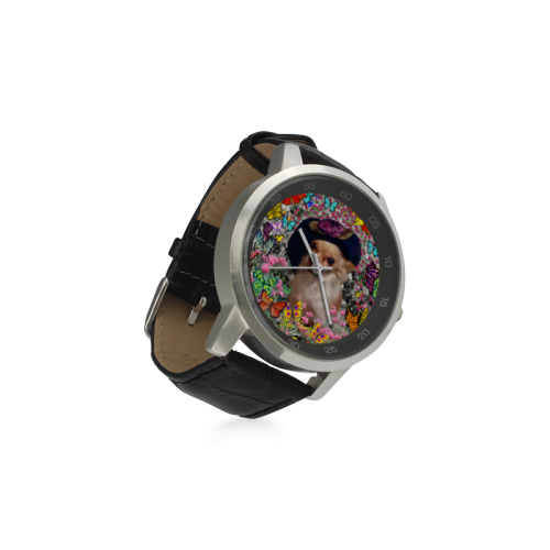Chi Chi in Yellow Butterflies, Chihuahua Puppy Dog Unisex Stainless Steel Leather Strap Watch(Model 202)