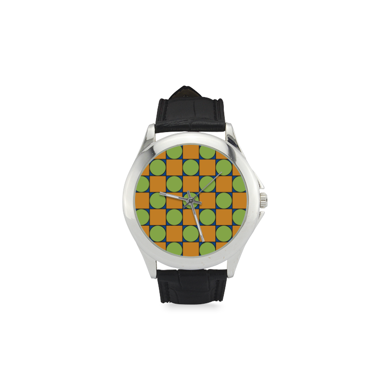 Green and Orange Geometric Pattern Women's Classic Leather Strap Watch(Model 203)