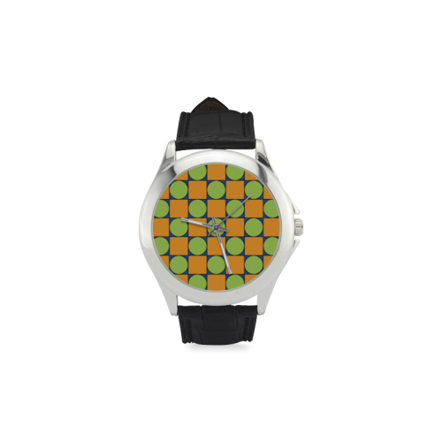 Green and Orange Geometric Pattern Women's Classic Leather Strap Watch(Model 203)