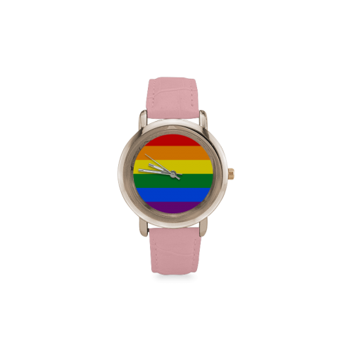 Gay Pride Rainbow Flag Stripes Women's Rose Gold Leather Strap Watch(Model 201)