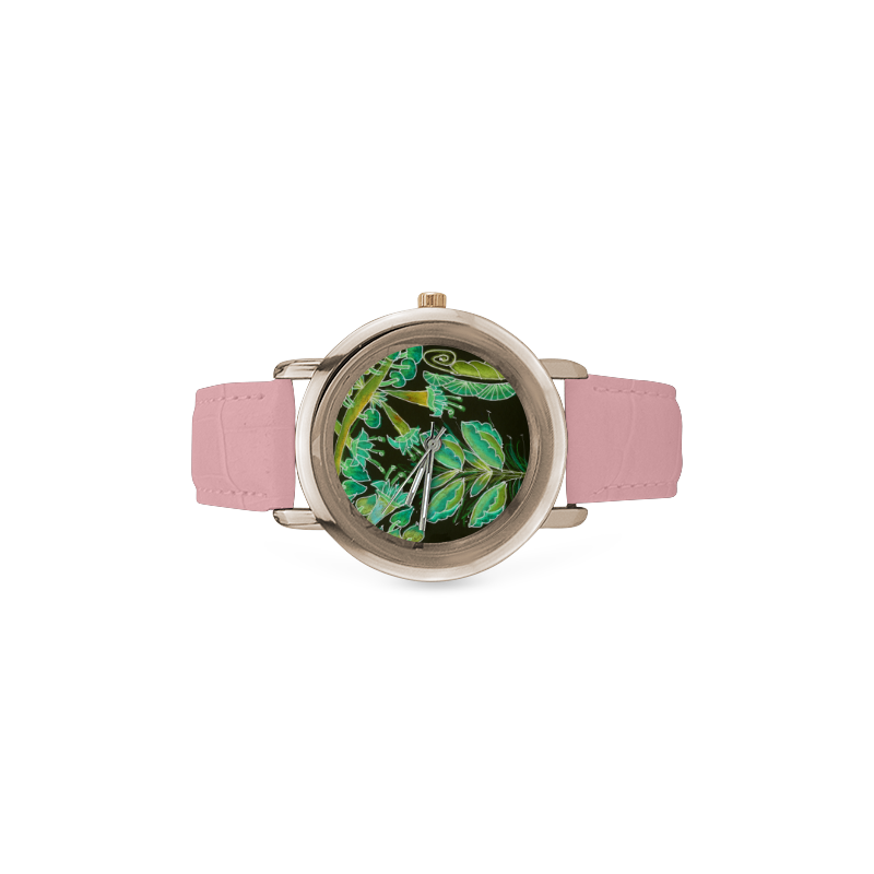 Irish Garden, Lime Green Flowers Dance in Joy Women's Rose Gold Leather Strap Watch(Model 201)