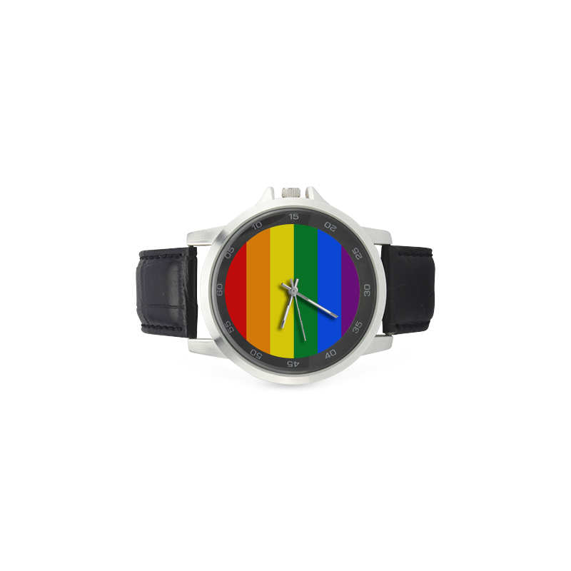 Gay Pride Rainbow Flag Stripes Unisex Stainless Steel Leather Strap Watch(Model 202)
