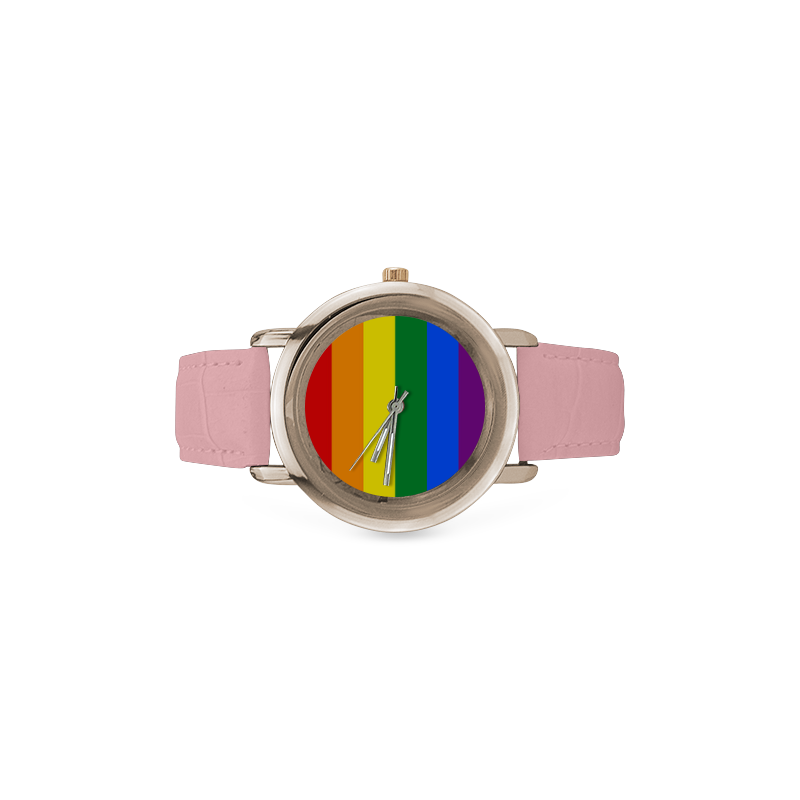 Gay Pride Rainbow Flag Stripes Women's Rose Gold Leather Strap Watch(Model 201)