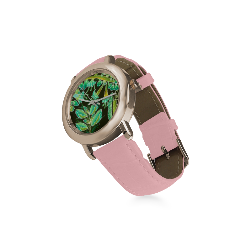 Irish Garden, Lime Green Flowers Dance in Joy Women's Rose Gold Leather Strap Watch(Model 201)