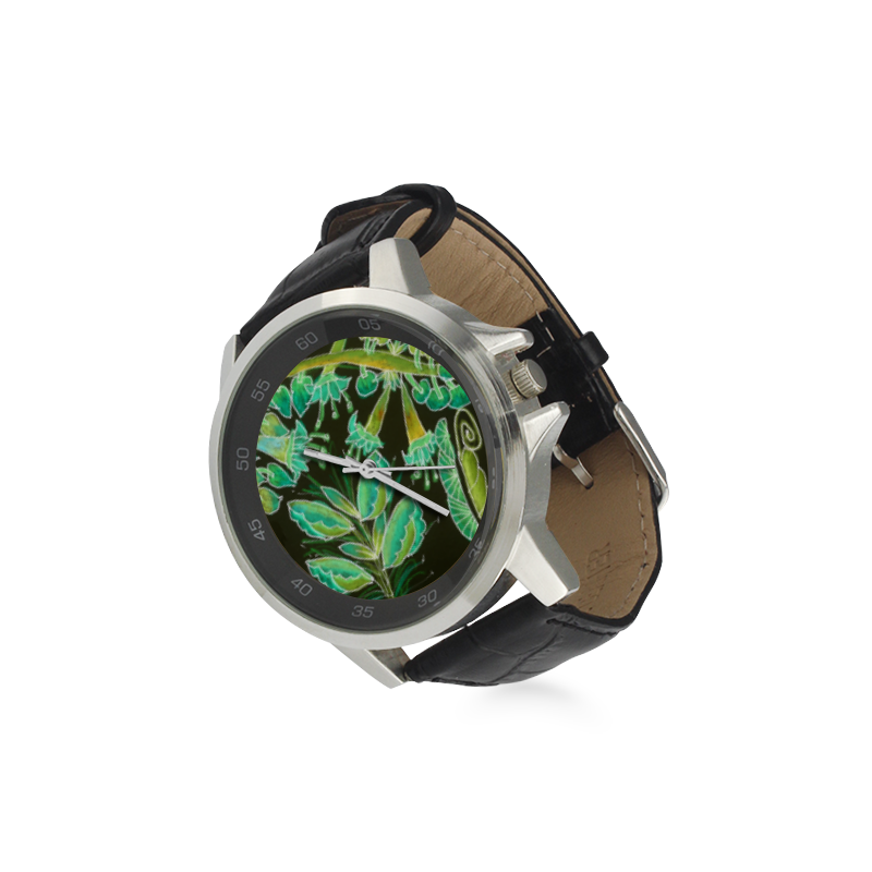 Irish Garden, Lime Green Flowers Dance in Joy Unisex Stainless Steel Leather Strap Watch(Model 202)