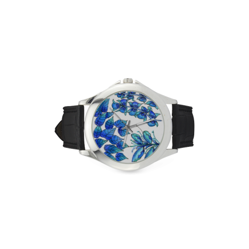 Pretty Blue Flowers, Aqua Garden Zendoodle Women's Classic Leather Strap Watch(Model 203)