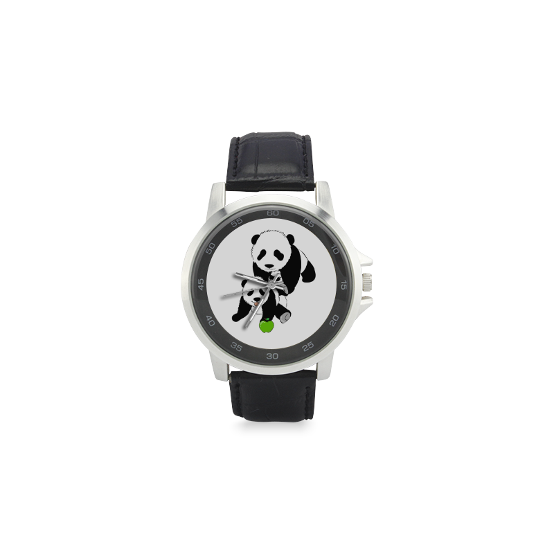 Mother and Baby Panda Unisex Stainless Steel Leather Strap Watch(Model 202)