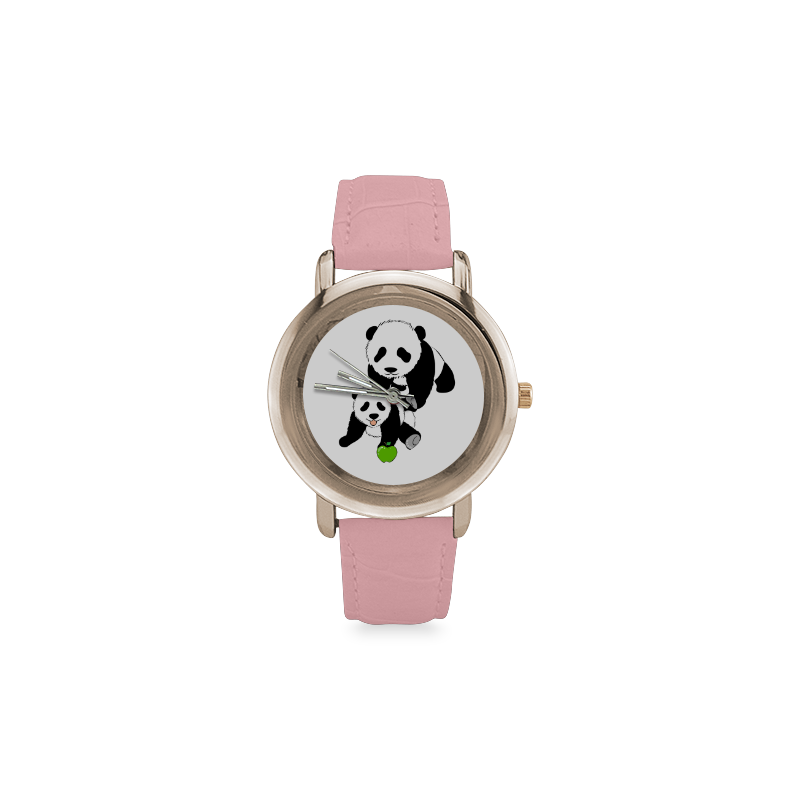 Mother and Baby Panda Women's Rose Gold Leather Strap Watch(Model 201)