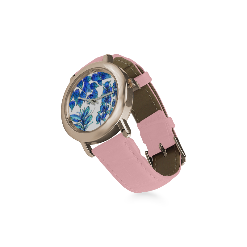 Pretty Blue Flowers, Aqua Garden Zendoodle Women's Rose Gold Leather Strap Watch(Model 201)