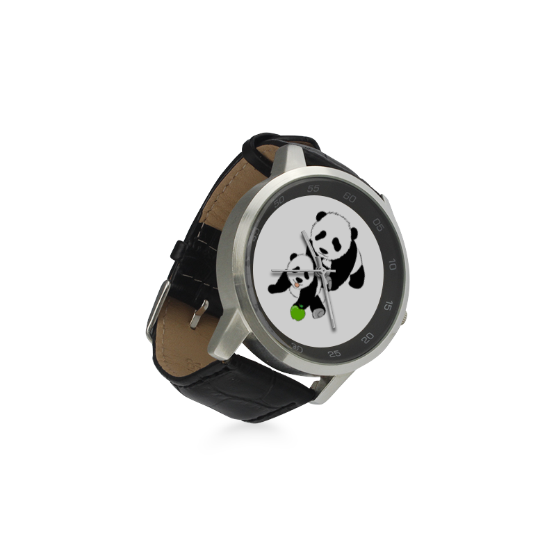 Mother and Baby Panda Unisex Stainless Steel Leather Strap Watch(Model 202)