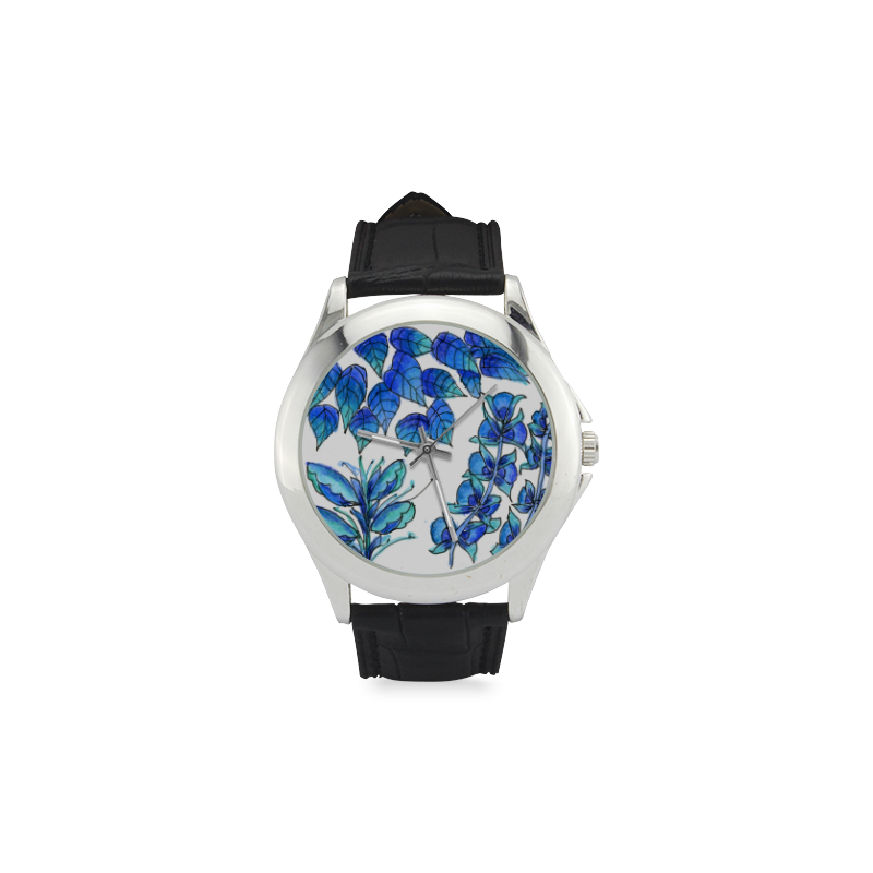Pretty Blue Flowers, Aqua Garden Zendoodle Women's Classic Leather Strap Watch(Model 203)