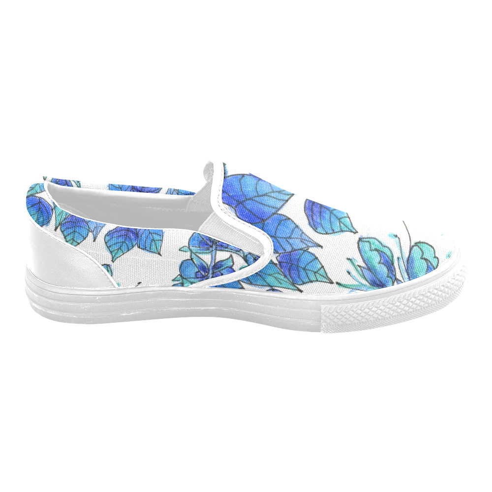 Pretty Blue Flowers, Aqua Garden Zendoodle Men's Slip-on Canvas Shoes (Model 019)
