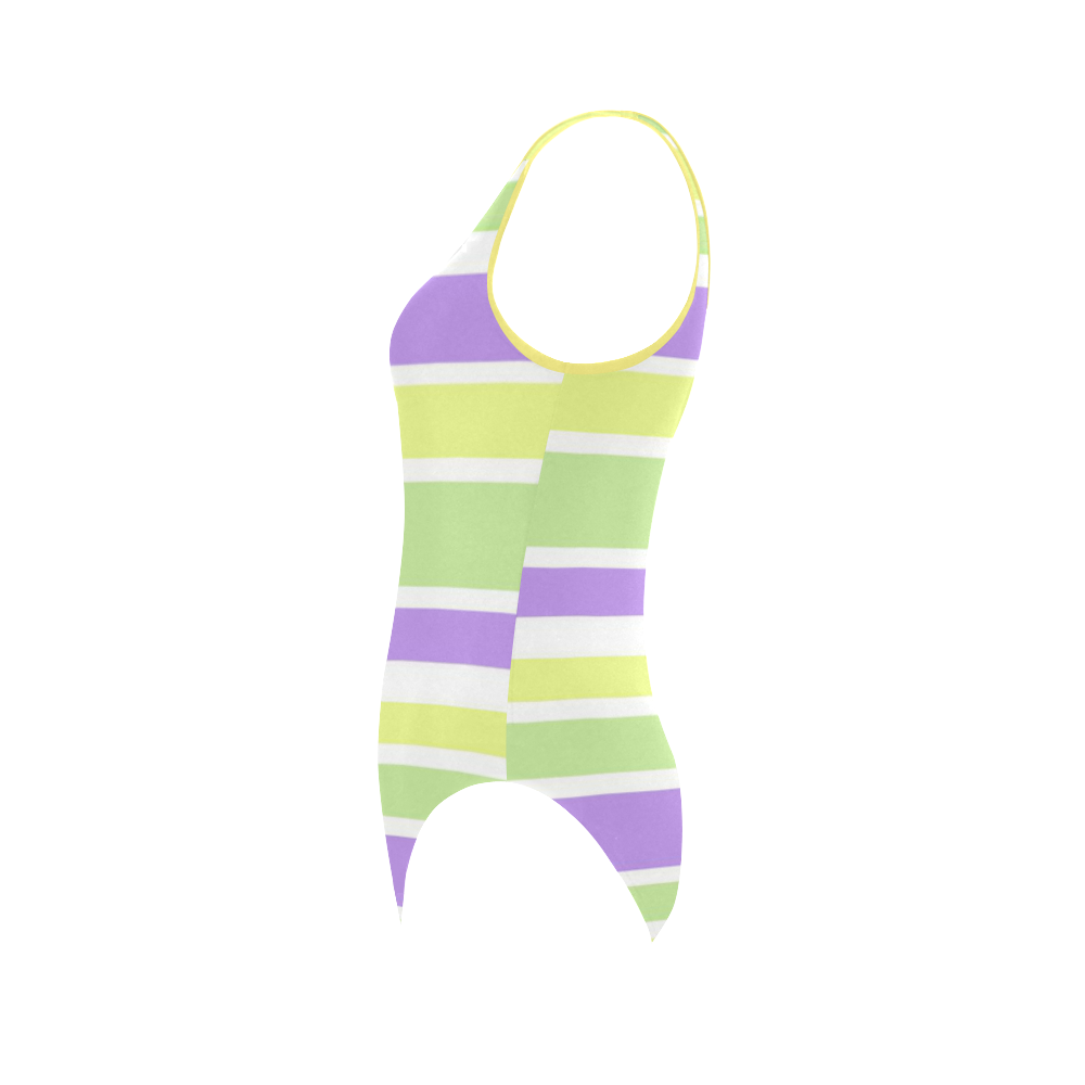Yellow Green Purple Stripes Pattern Vest One Piece Swimsuit (Model S04)