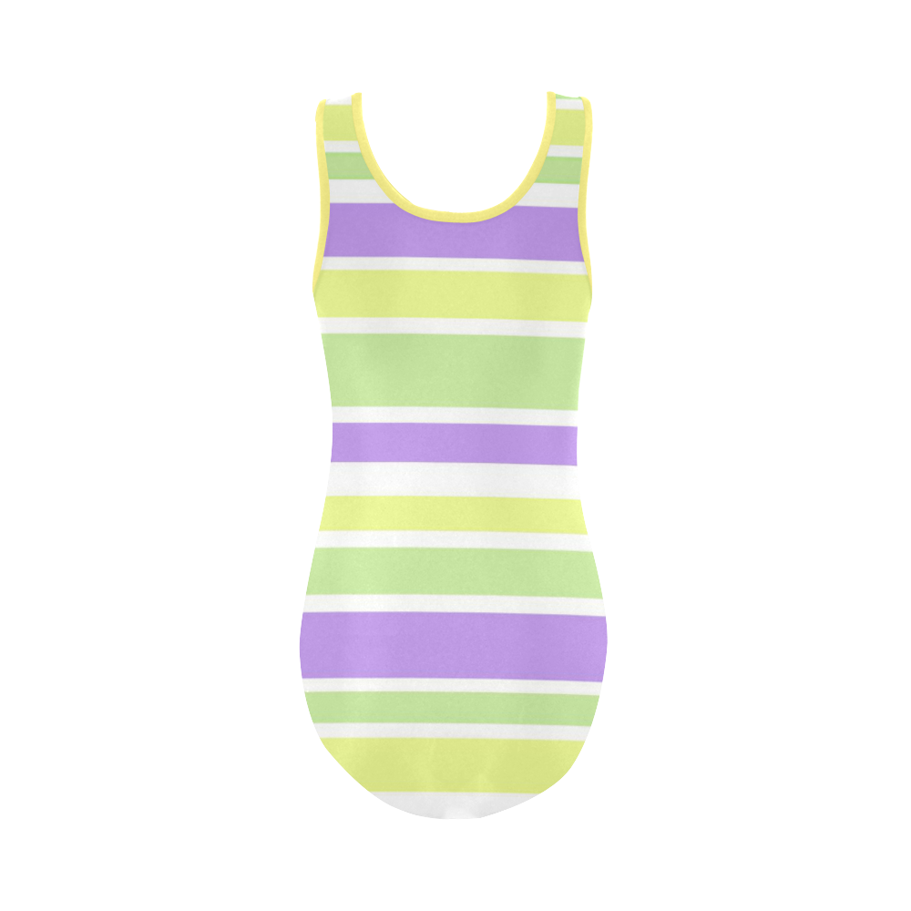 Yellow Green Purple Stripes Pattern Vest One Piece Swimsuit (Model S04)