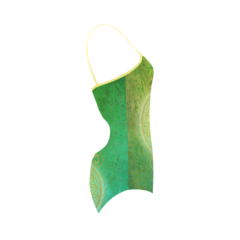 Symbol FLOWER OF LIFE vintage gold green Strap Swimsuit ( Model S05)