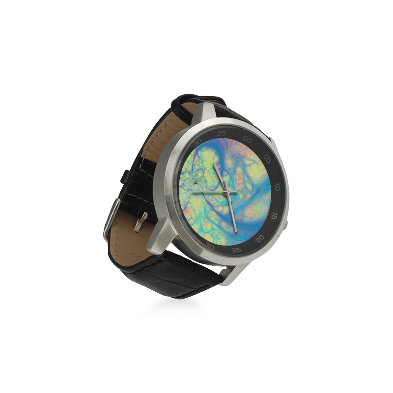 Blue Angel, Abstract Cosmic Azure Lemon Unisex Stainless Steel Leather Strap Watch(Model 202)