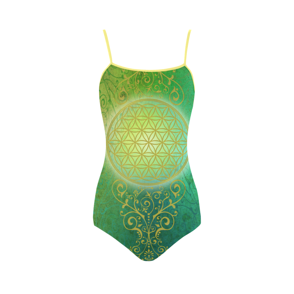 Symbol FLOWER OF LIFE vintage gold green Strap Swimsuit ( Model S05)