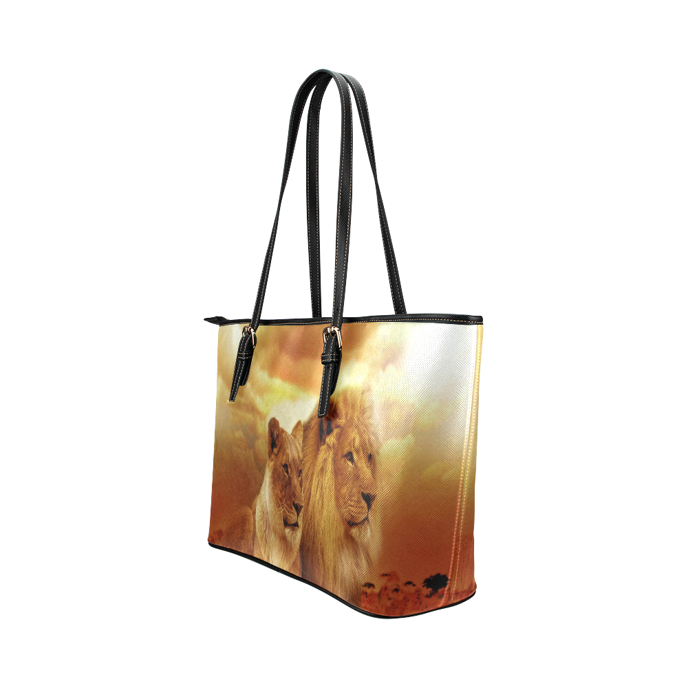 Lion Couple Sunset Fantasy Leather Tote Bag/Small (Model 1651)