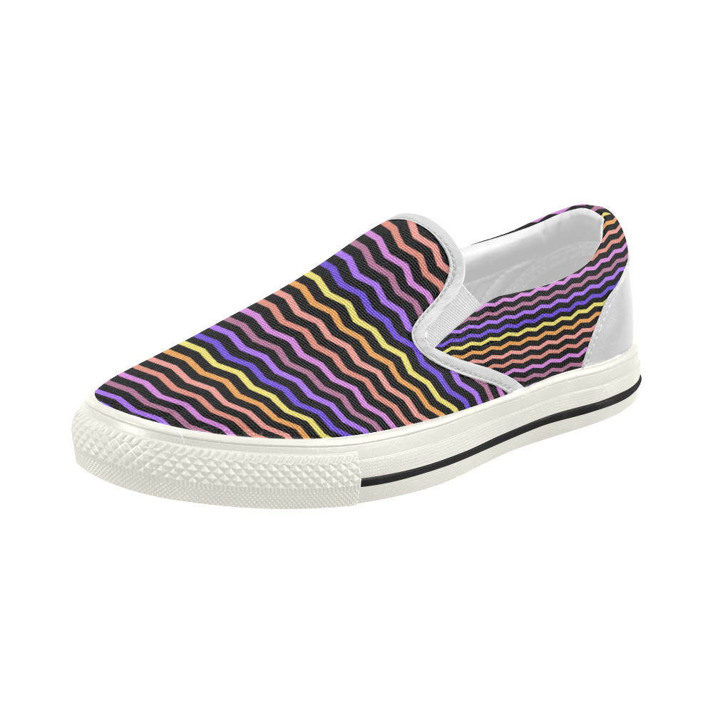 Colorfull Chevron Zig Zag Pattern Black Women's Slip-on Canvas Shoes (Model 019)