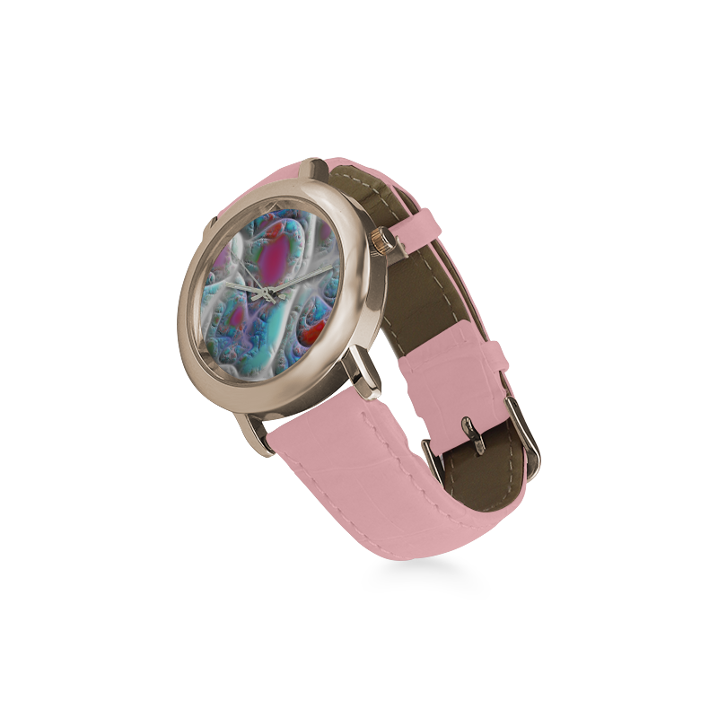Blue & White Quilt, Abstract Delight Women's Rose Gold Leather Strap Watch(Model 201)