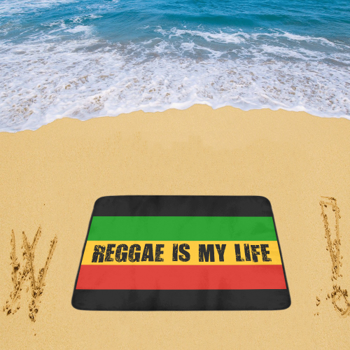 Rastafari Flag Colored Stripes + REGGAE IS MY LIFE Beach Mat 78"x 60"
