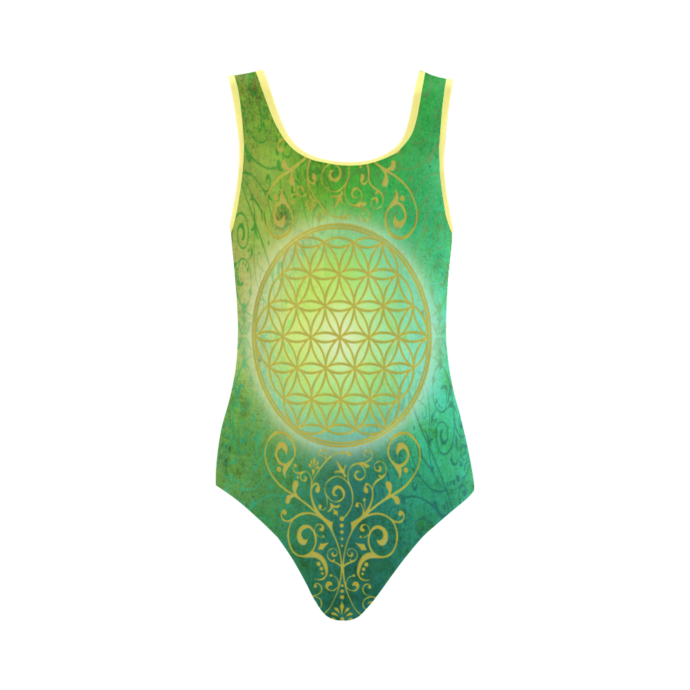 Symbol FLOWER OF LIFE vintage gold green Vest One Piece Swimsuit (Model S04)