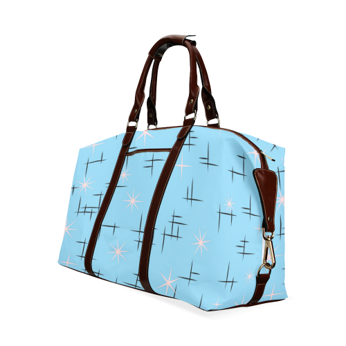 Abstract Lines and Pink Stars on Baby Blue Retro Classic Travel Bag (Model 1643)