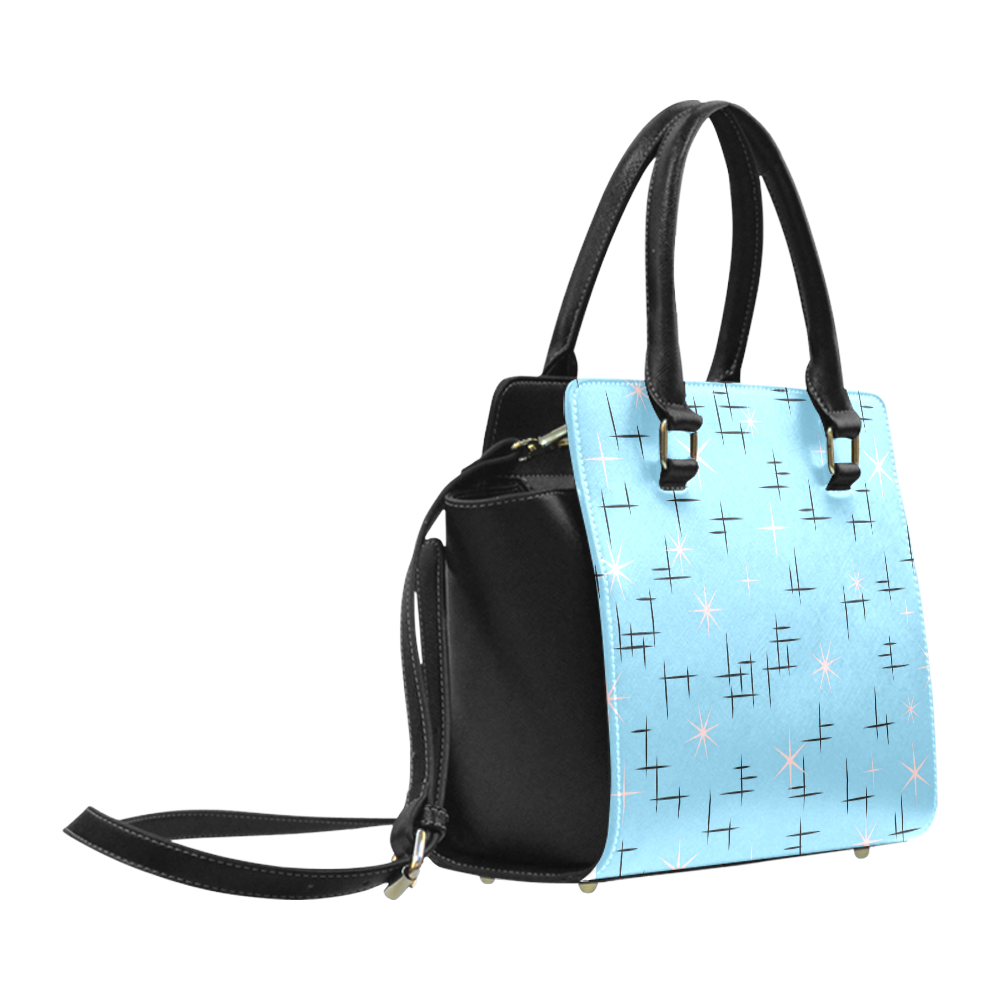 Abstract Lines and Pink Stars Baby Blue Retro Classic Shoulder Handbag (Model 1653)