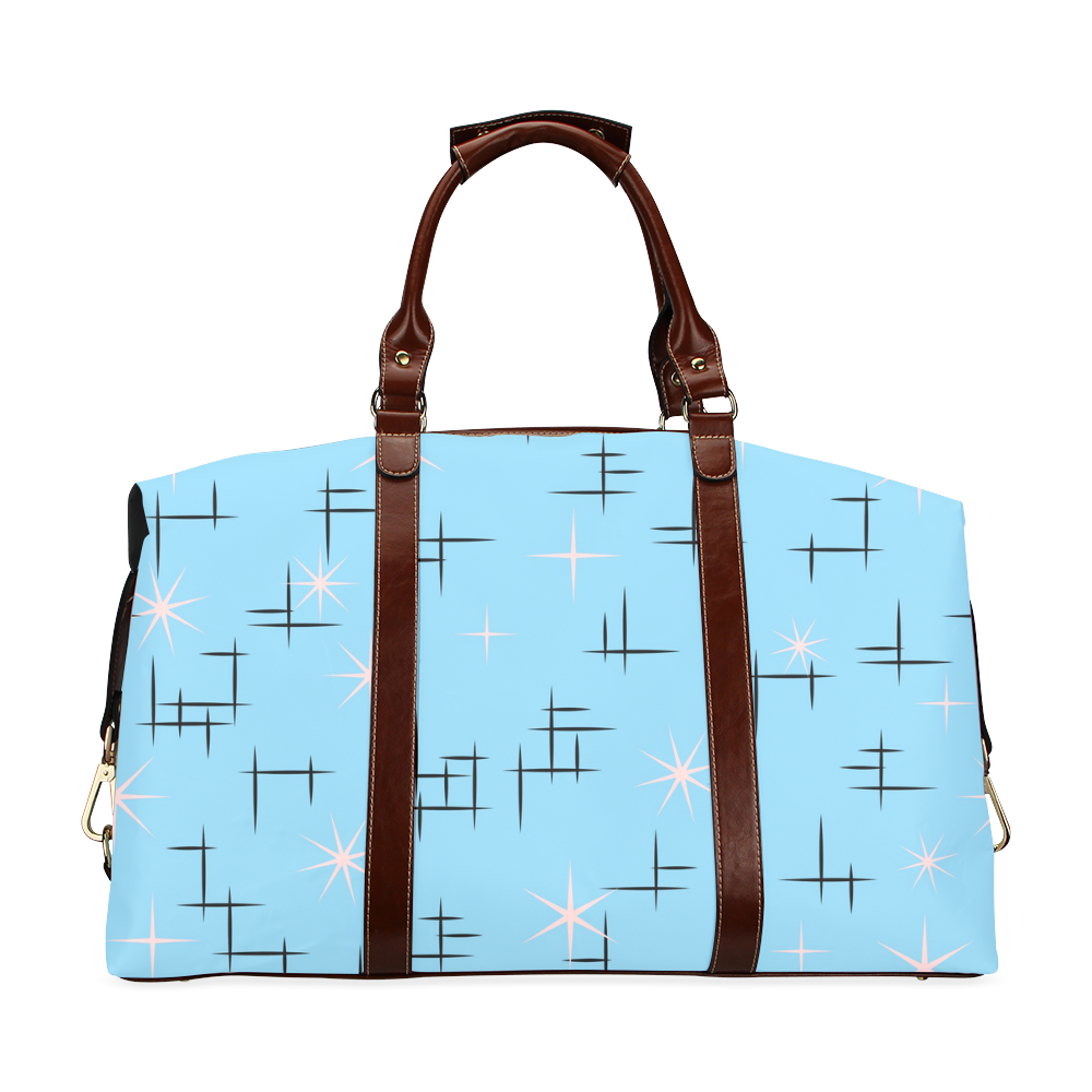Abstract Lines and Pink Stars on Baby Blue Retro Classic Travel Bag (Model 1643)