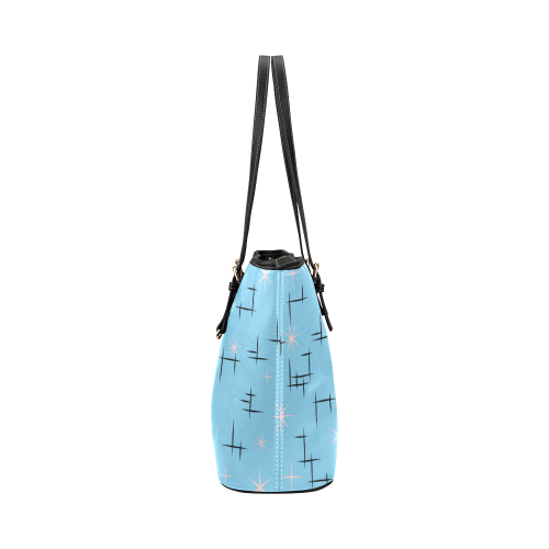 Abstract Lines and Pink Stars on Baby Blue Retro Leather Tote Bag/Small (Model 1651)