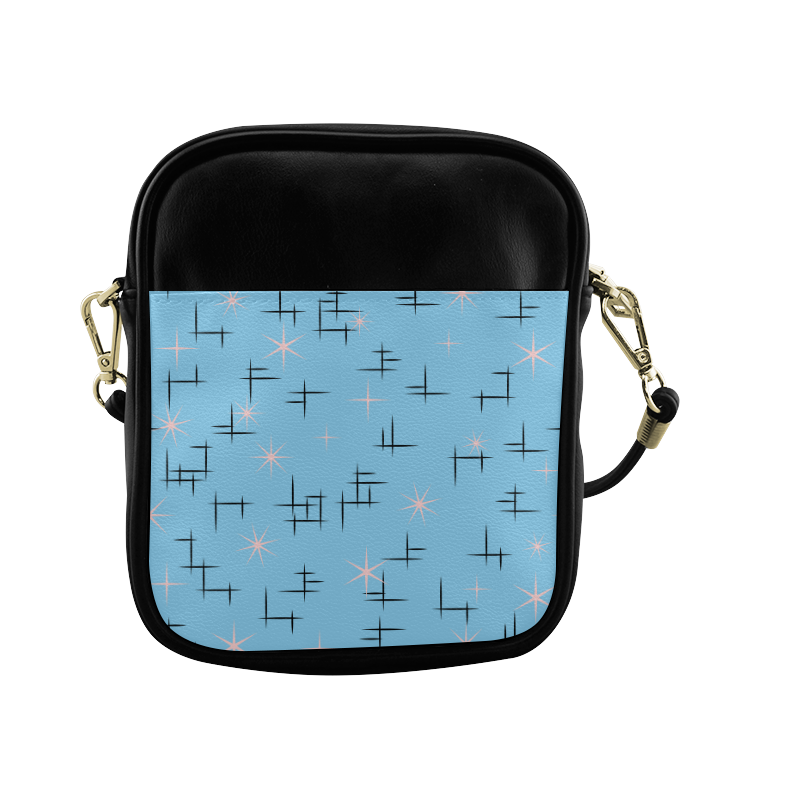 Abstract Lines and Pink Stars on Baby Blue and Black Retro Sling Bag (Model 1627)