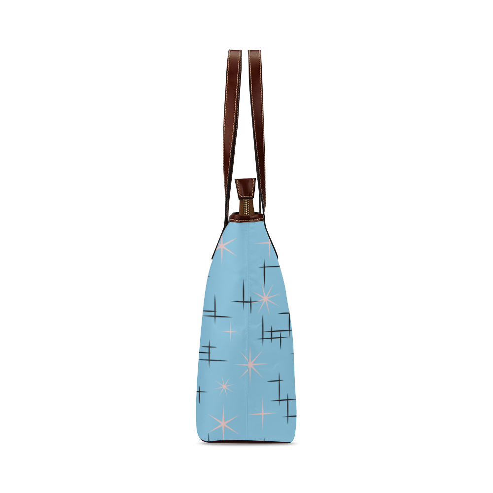 Abstract Lines and Pink Stars Baby Blue Retro Shoulder Tote Bag (Model 1646)