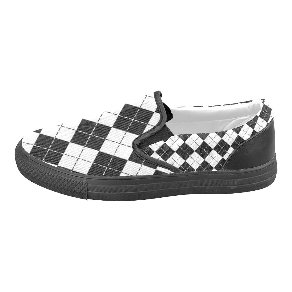 Black and White Argyle Men's Slip-on Canvas Shoes (Model 019)
