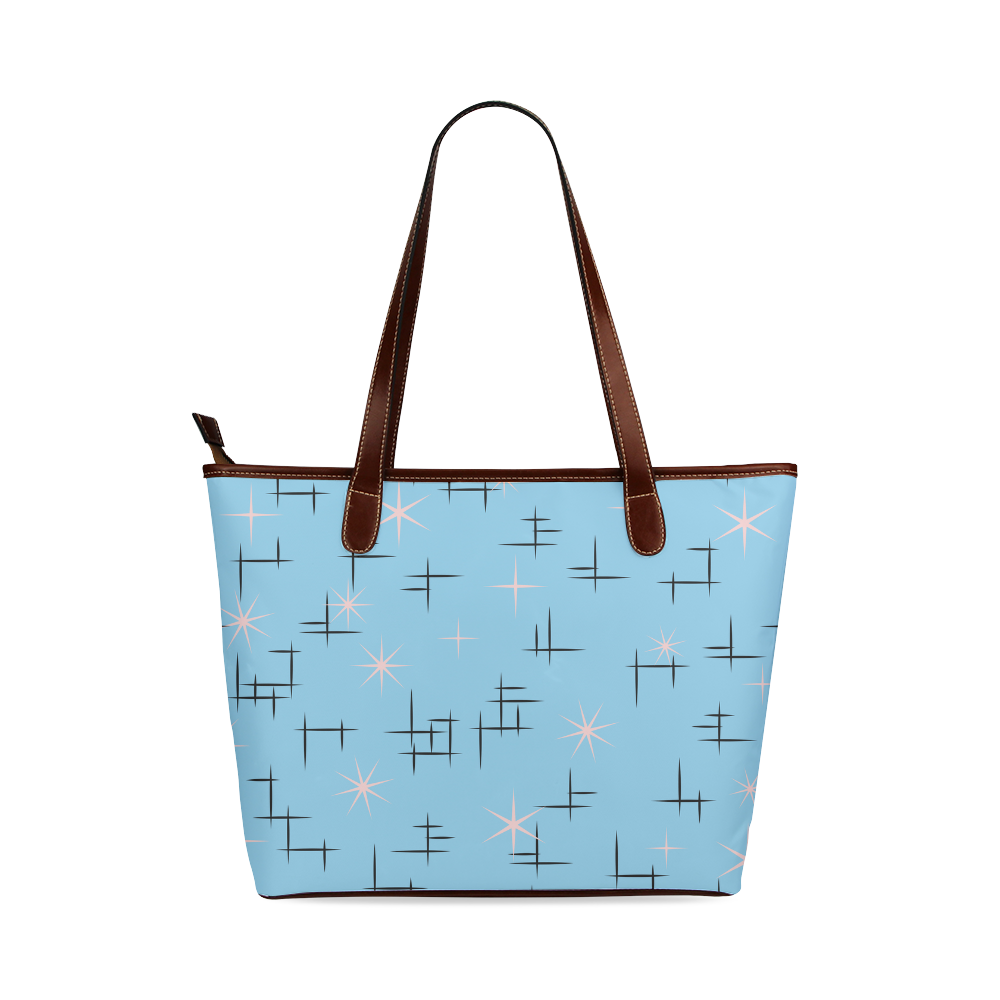 Abstract Lines and Pink Stars Baby Blue Retro Shoulder Tote Bag (Model 1646)
