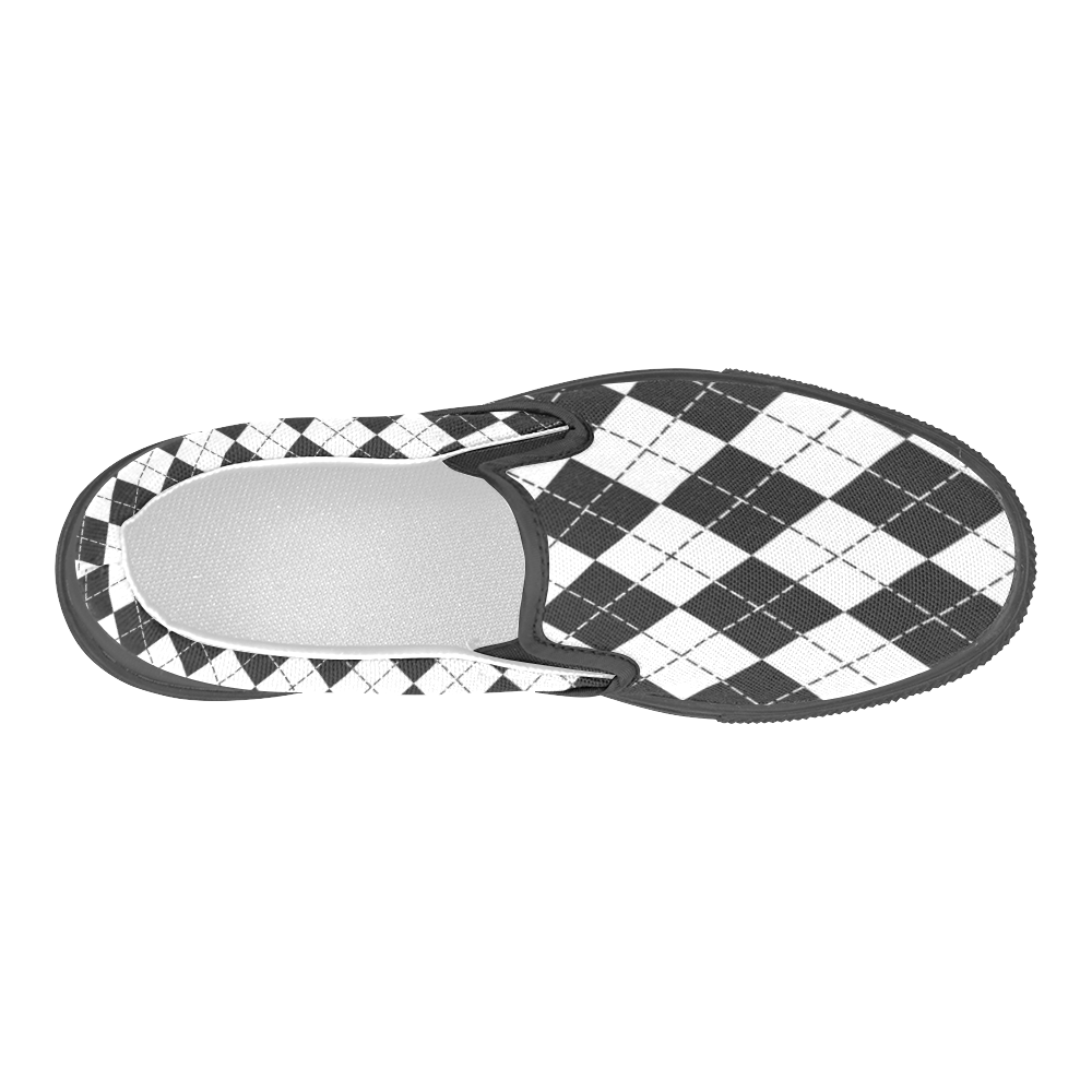 Black and White Argyle Men's Slip-on Canvas Shoes (Model 019)