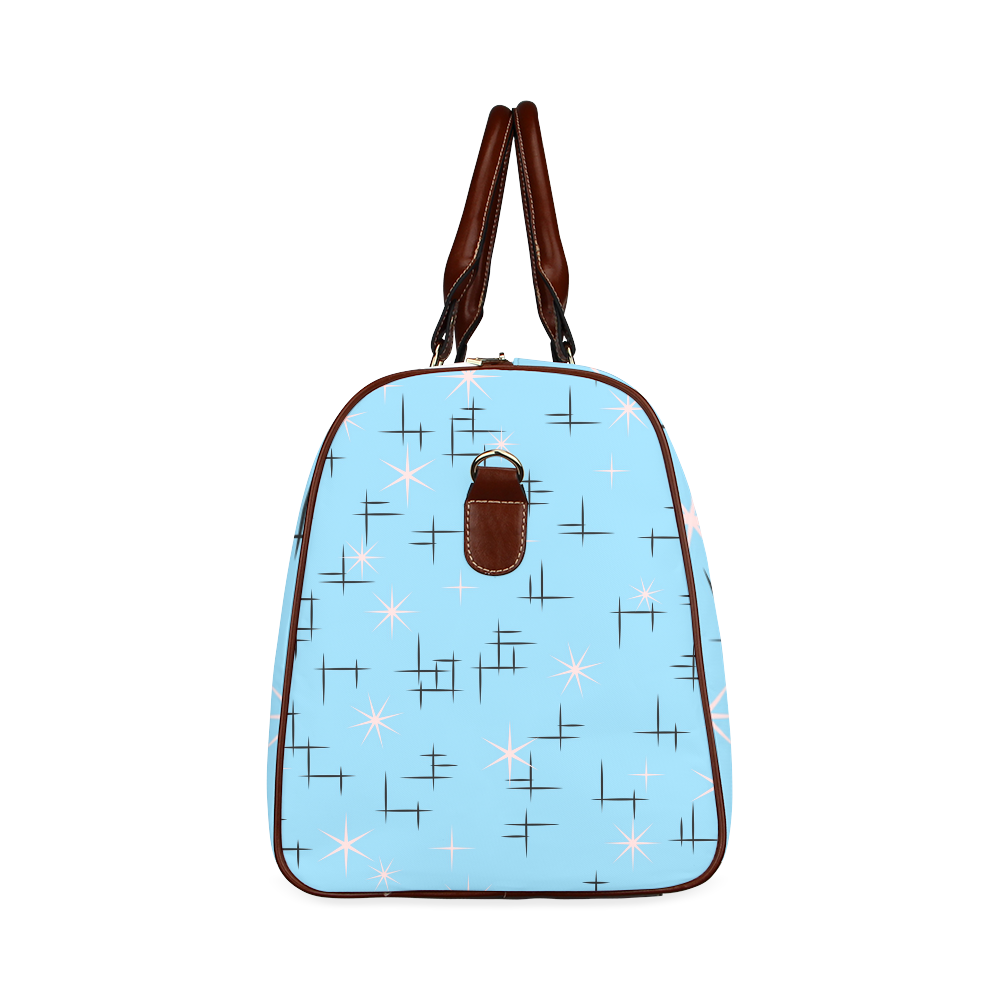 Abstract Lines and Pink Stars on Baby Blue Retro Waterproof Travel Bag/Large (Model 1639)