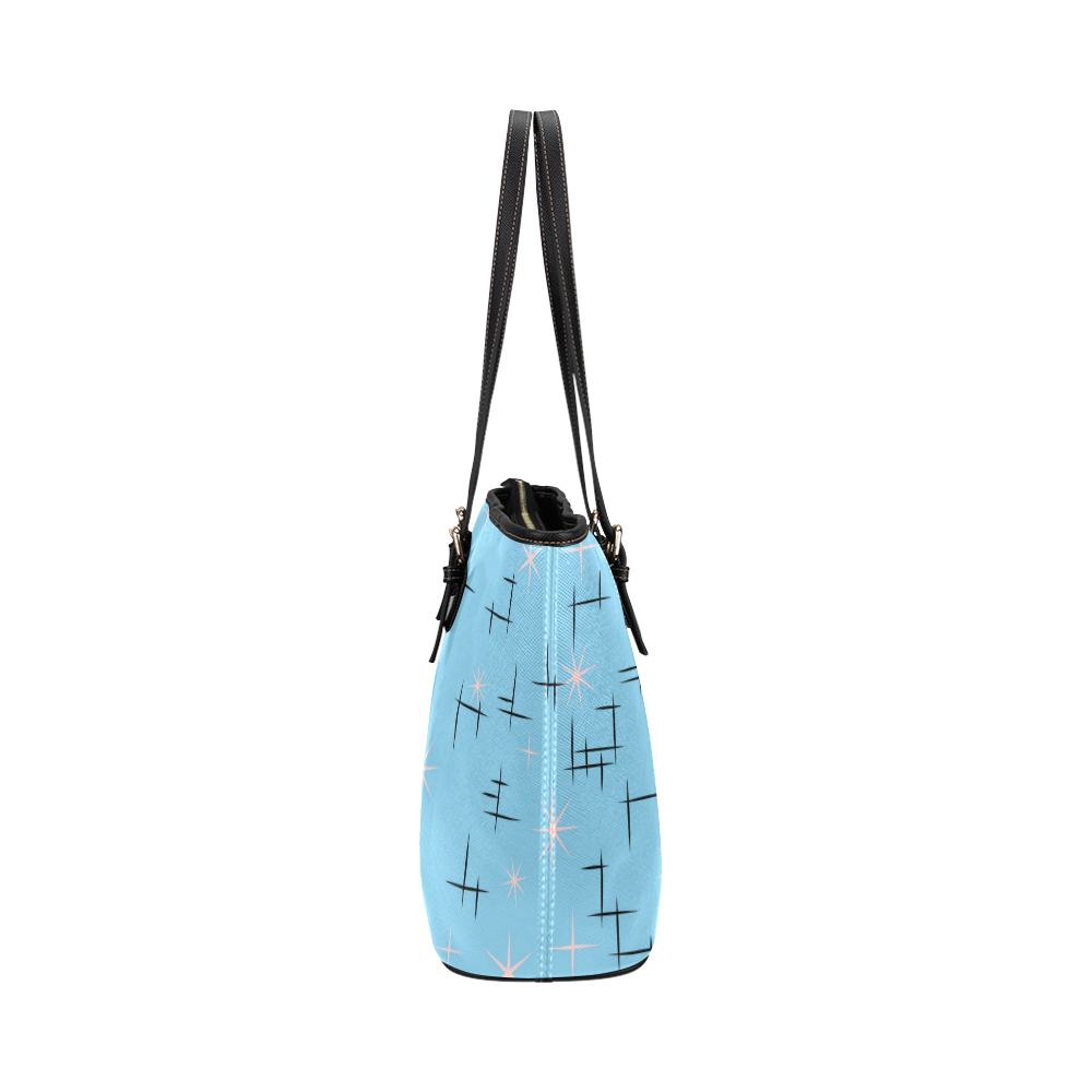 Abstract Lines and Pink Stars on Baby Blue Retro Leather Tote Bag/Small (Model 1651)