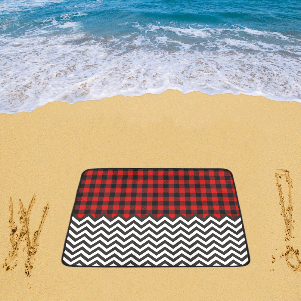 HIPSTER zigzag chevron pattern black & white + LUMBERJACK Plaid pattern red black Beach Mat 78"x 60"