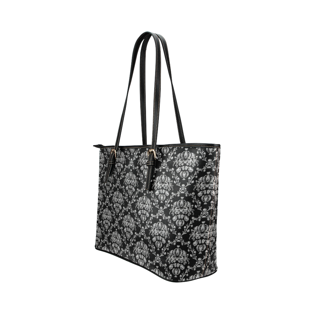 Elegant black and silver damask Leather Tote Bag/Small (Model 1651)