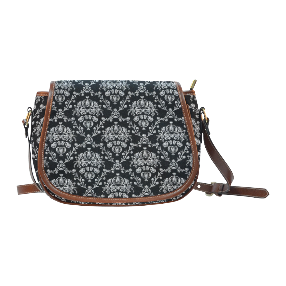 Elegant black and silver damask Saddle Bag/Small (Model 1649) Full Customization