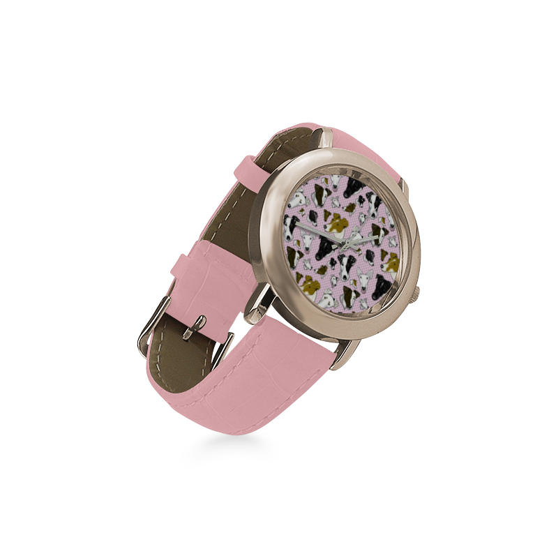 Smooth fox Terrier Plaid pink Women's Rose Gold Leather Strap Watch(Model 201)